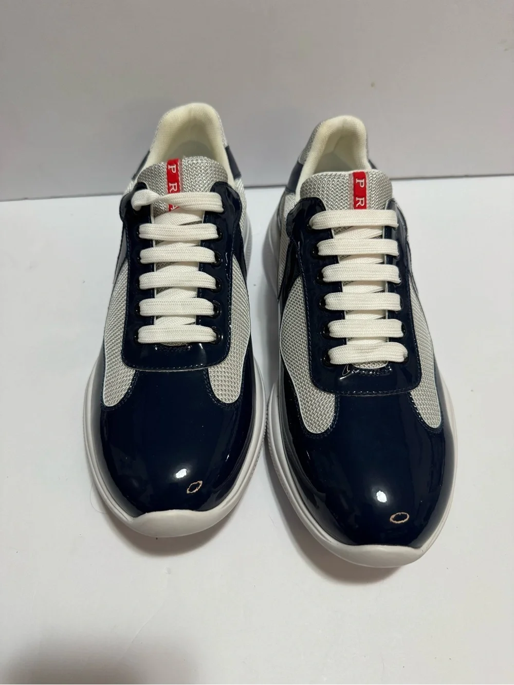 Prada America’s Cup Style Patent Mesh Sneakers Navy White Men’s Size 10.5 EU 44 - Picture 2 of 10